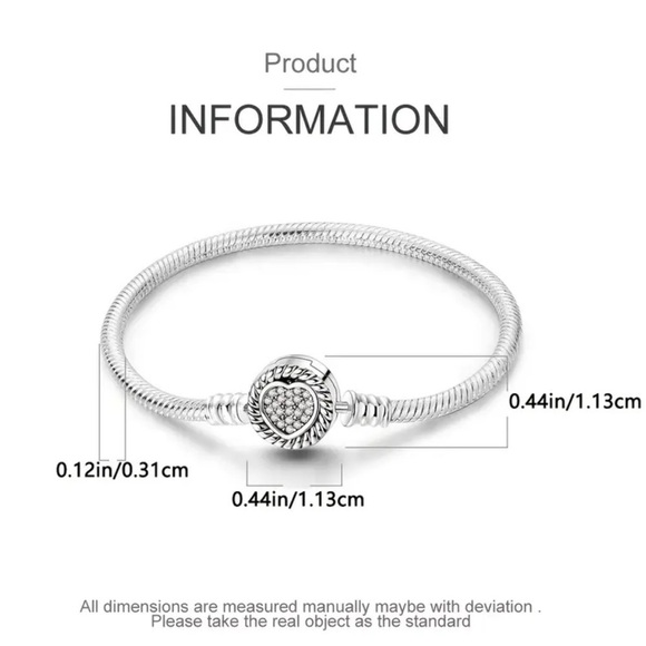 Women’s 925 Sterling Silver Heart Charm Snake Chain Bracelet - Size 7.5” - NWT - Picture 5 of 5